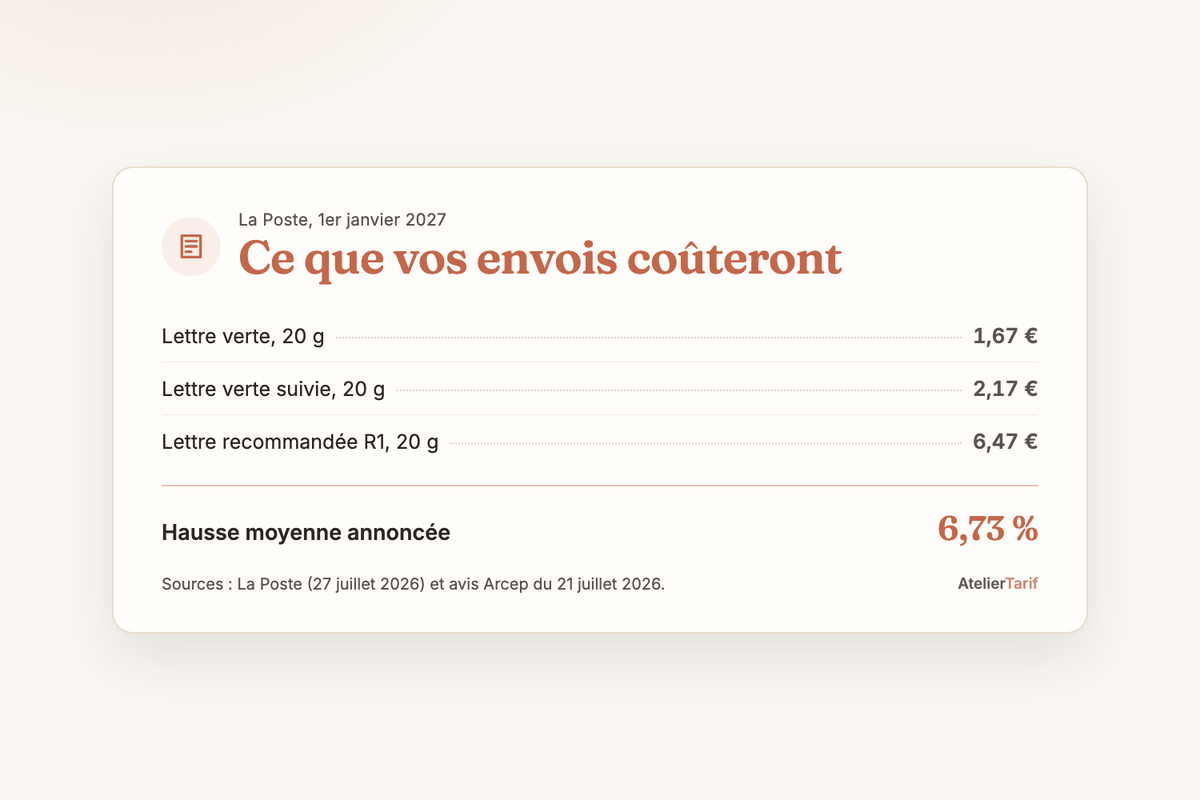 Les tarifs La Poste au 1er janvier 2027 en une carte : Lettre verte 20 g à 1,67 €, lettre suivie 20 g à 2,17 €, recommandée à 6,47 €