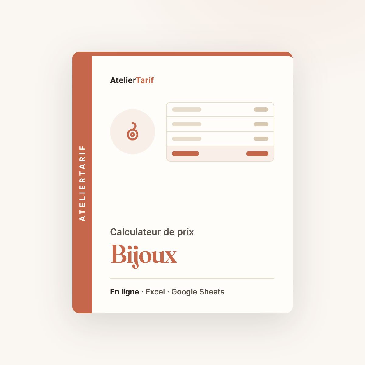 Calculateur de prix Bijoux AtelierTarif, en ligne, Excel et Google Sheets