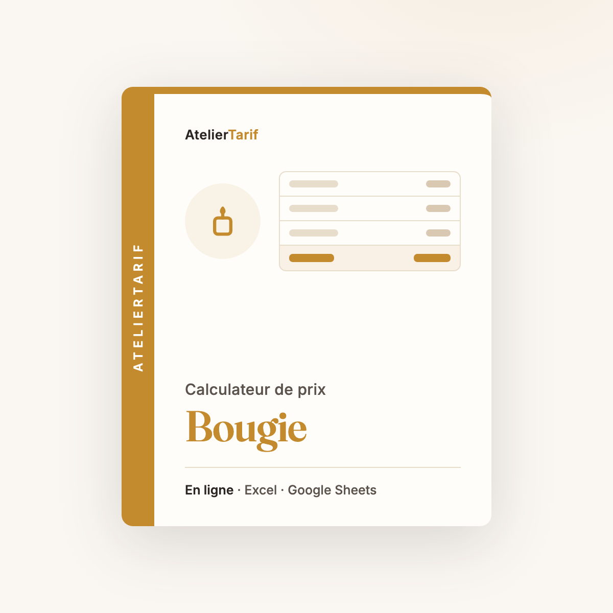 Calculateur de prix Bougie AtelierTarif, en ligne, Excel et Google Sheets