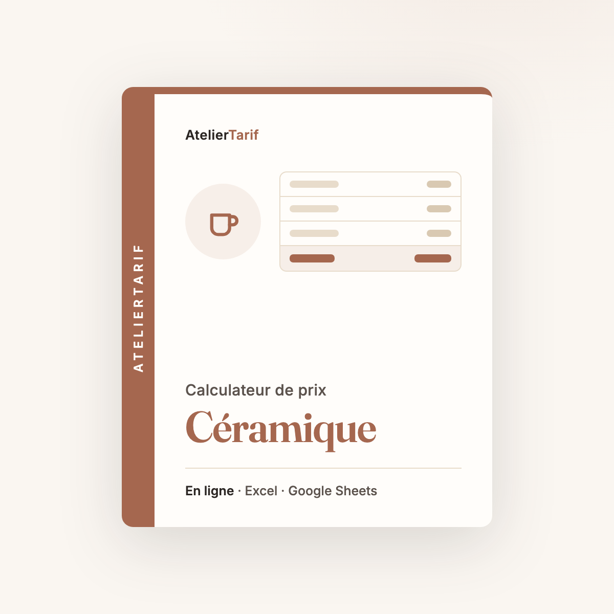 Calculateur de prix Céramique AtelierTarif, en ligne, Excel et Google Sheets