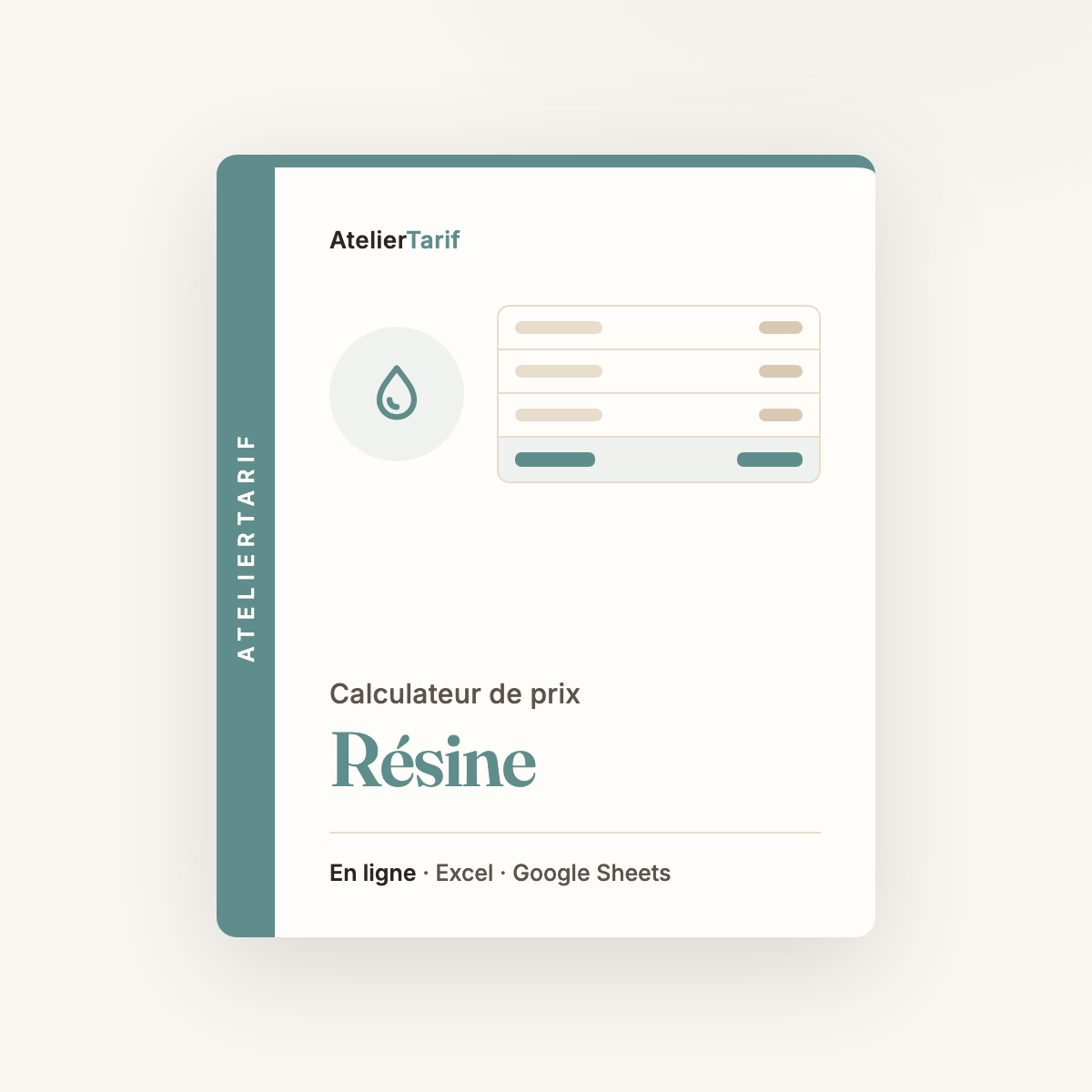 Calculateur de prix Résine AtelierTarif, en ligne, Excel et Google Sheets