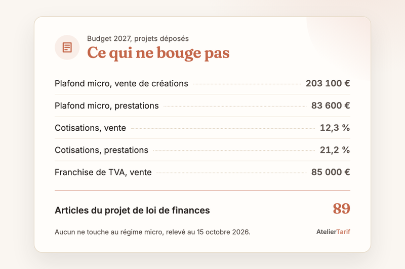 Ce que les projets de budget 2027 laissent en place : plafonds de 203 100 € et 83 600 €, cotisations de 12,3 % et 21,2 %, franchise de TVA à 85 000 €