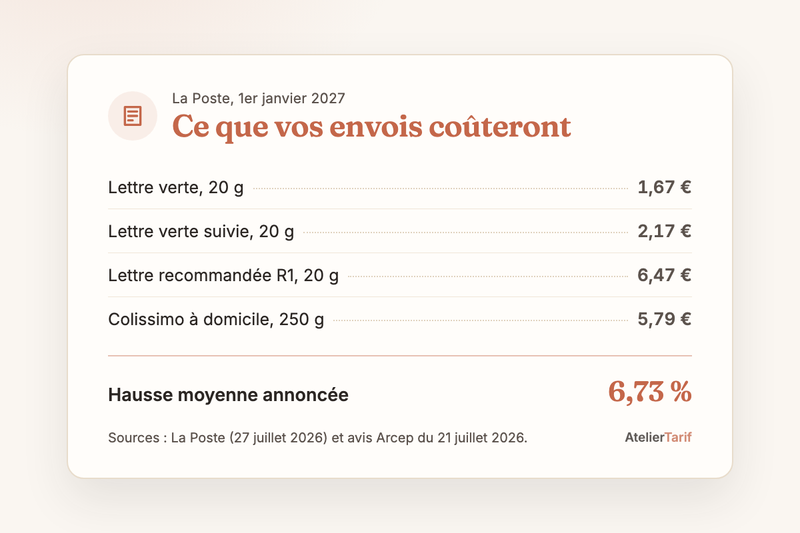 Ce qui change au 1er janvier 2027 en une carte : Lettre verte 1,67 €, lettre suivie 2,17 €, recommandée 6,47 €, Colissimo 250 g 5,79 €, hausse moyenne de 6,73 %
