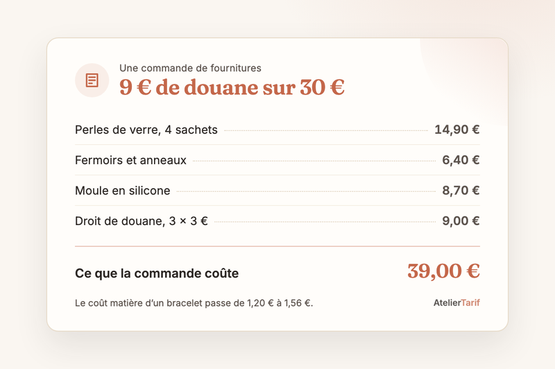 La commande de Léa ligne par ligne : 30 € de perles, fermoirs et moule, 9 € de douane, 39 € au total